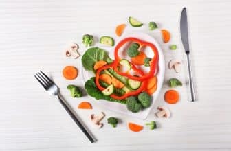 Weißer Teller in Herzform gefüllt mit geschnittenem Gemüse