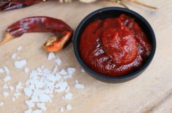 Dunkles Schälchen mit roter Sauce, daneben grobes Salz und eine Chili